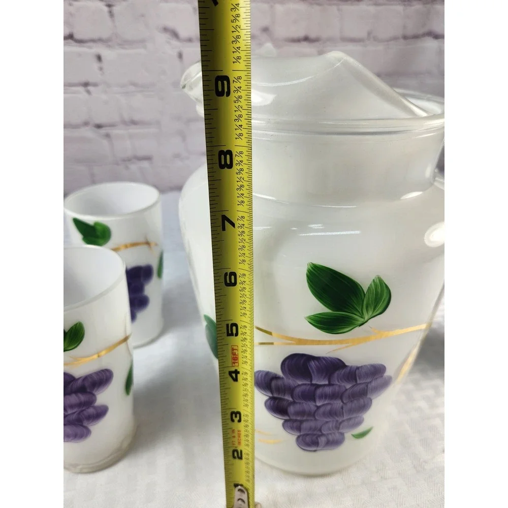 Mid Century Modern Bartlett Collins Frosted Glass GRAPES Pitcher + 6 Glasses